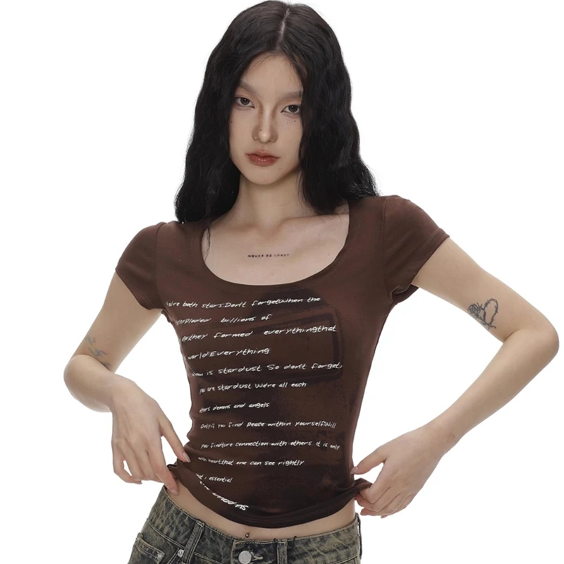 2024 Summer Women Retro Sweet Spicy Skinny Tops Lady Bean Green Casual T-Shirts Girls Letter Portrait Print Short Sleeve Clothes
