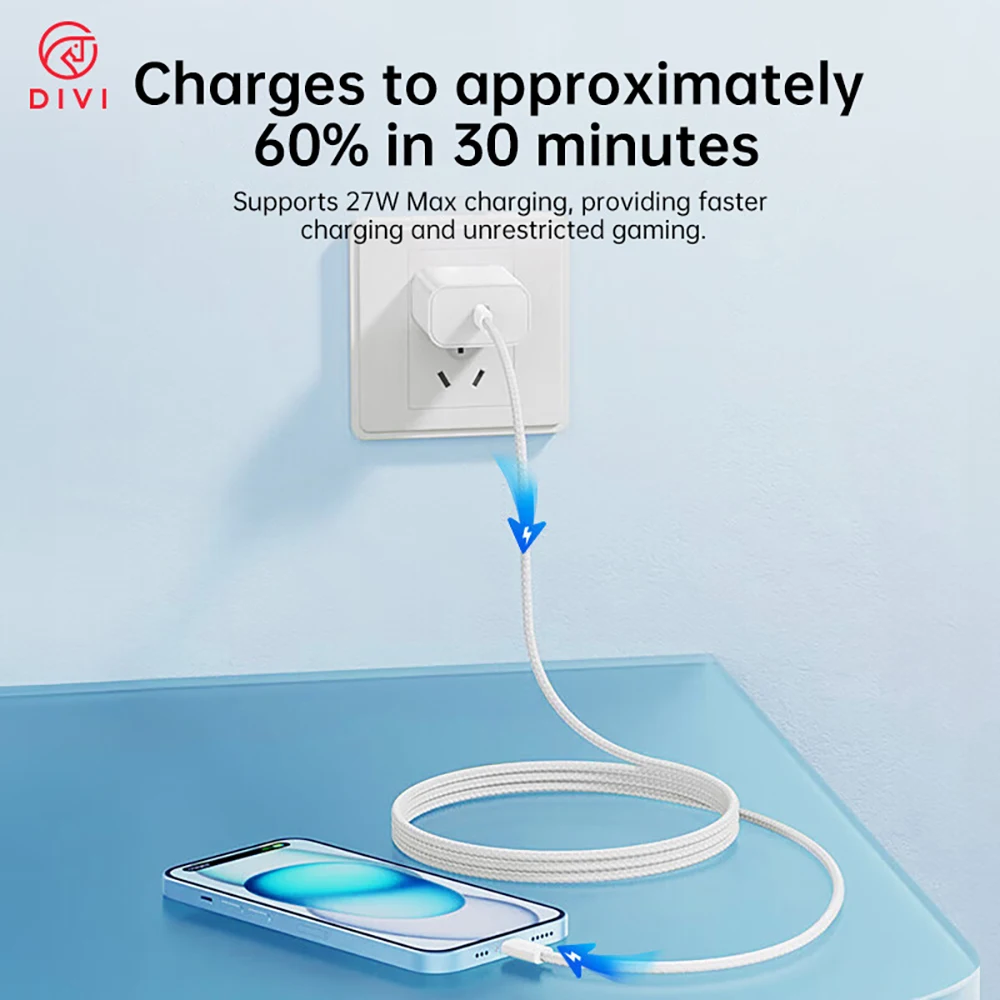DIVI USB C Cable PD60W Fast Charge Cable for iPhone 17 16 15 Samsung S25 S24 iPad MacBook Air Xiaomi Fast charging Data Cable - náhled 2