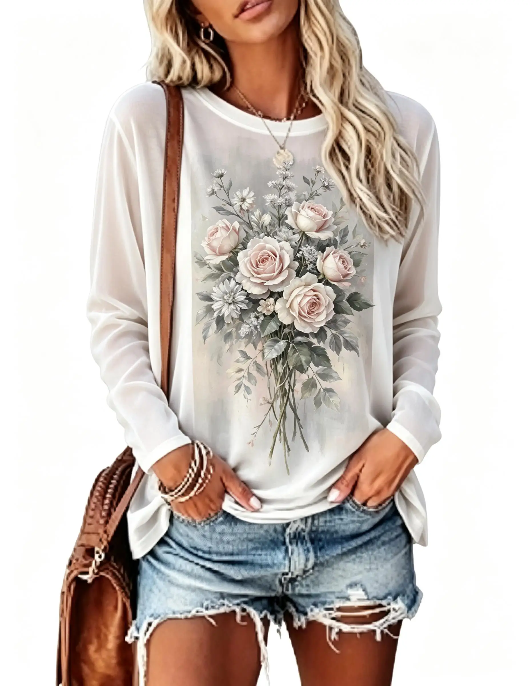 Women Long Sleeve T‑Shirt Vintage Pink Rose Flower Bouquet Floral Print Crew Neck Casual Tops view 4