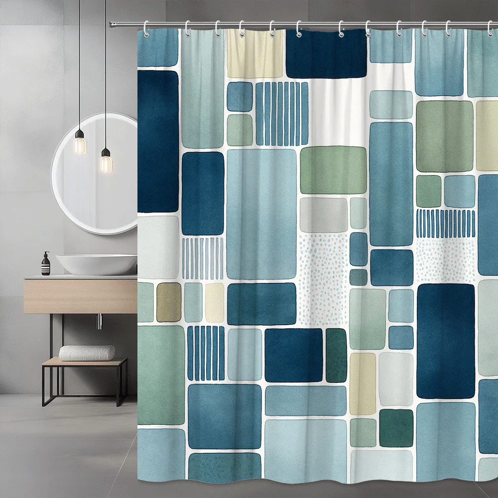 Waterproof Shower Curtain Modern Geometric Pattern Bathroom Decor Blue Green Neutral Tiled Abstract Design Shower Curtain Liner