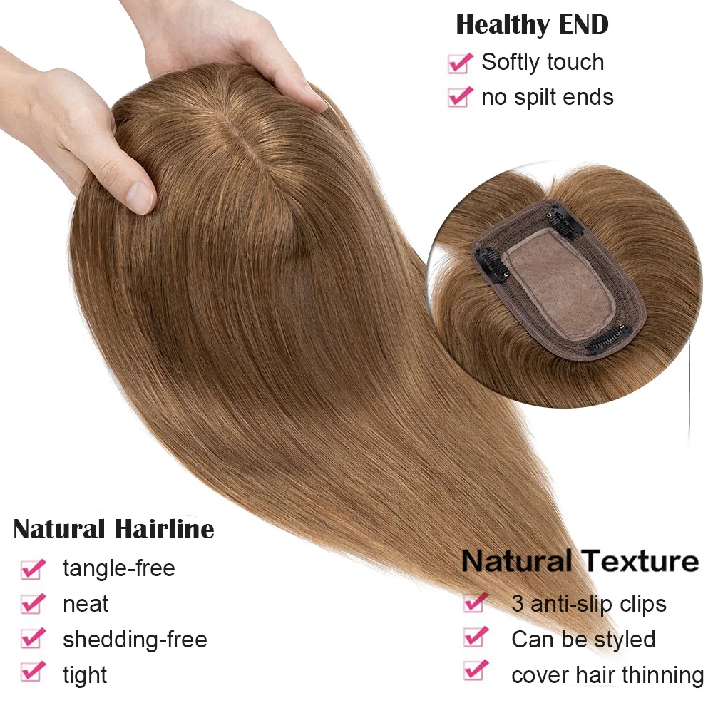SEGO 7x13CM Echthaar-Topper mit Pony für Frauen, Seidenbasis, natürliche Haarteile, Perücken für Haarausfall, Volumenabdeckung, graues Haar – Detail 5