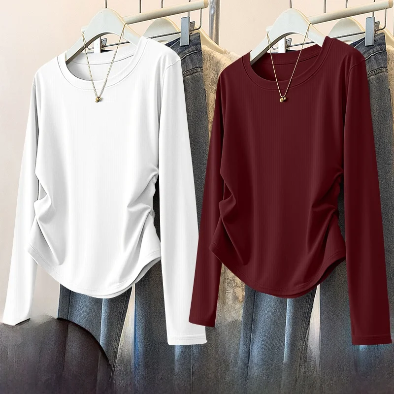 Fashionable Long Sleeve T-Shirt Women's 2025 New Style Spring Autumn High Waist Inner Wear Base Shirt Top Threaded Design