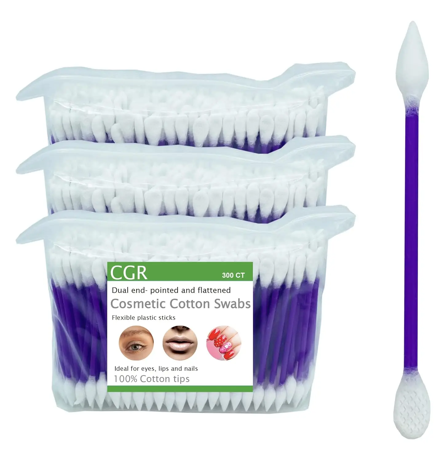 

CGR Precision Cotton Swabs with Pointed and Flattened Tip Cosmetic Makeup Applicator(3x300pcs in bags)