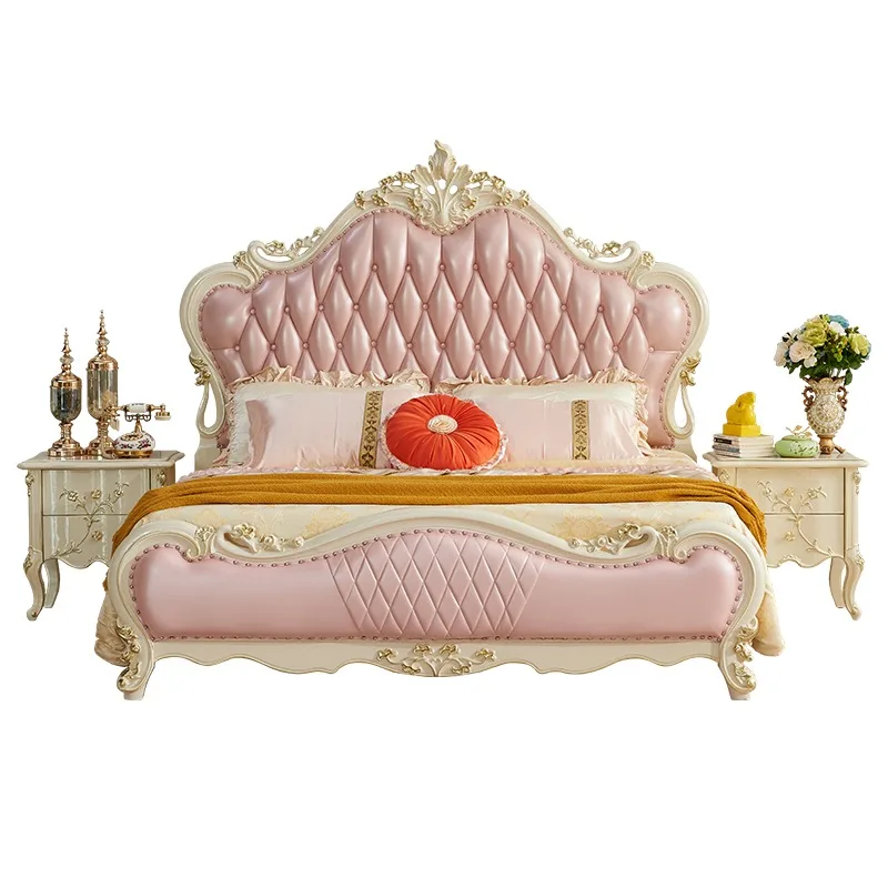 

Кожаная розовая двуспальная кровать из цельного дерева 1,8 м, кровать размера «queen-size» для главной спальни, роскошная французская свадебная кровать жемчужно-белого цвета