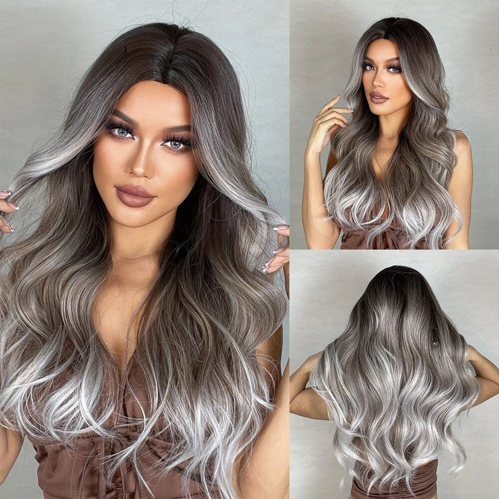 

Long Ombre Brown Gray Wig for Women Middle Part Wavy Synthetic Wigs