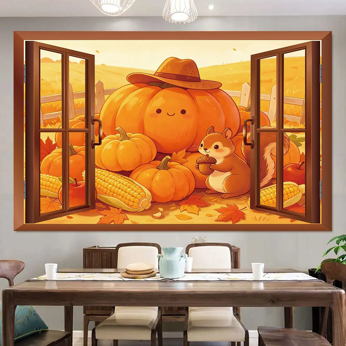 PVC self-adhesive window view pumpkin squirrel corn autumn scenery wall sticker used decorate wall hide imperfections