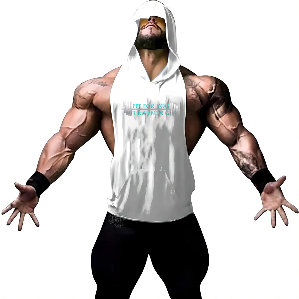 New summer outdoor fitness hooded vest for men's muscle outdoor running hooded 2D letter barbell printed tops gym