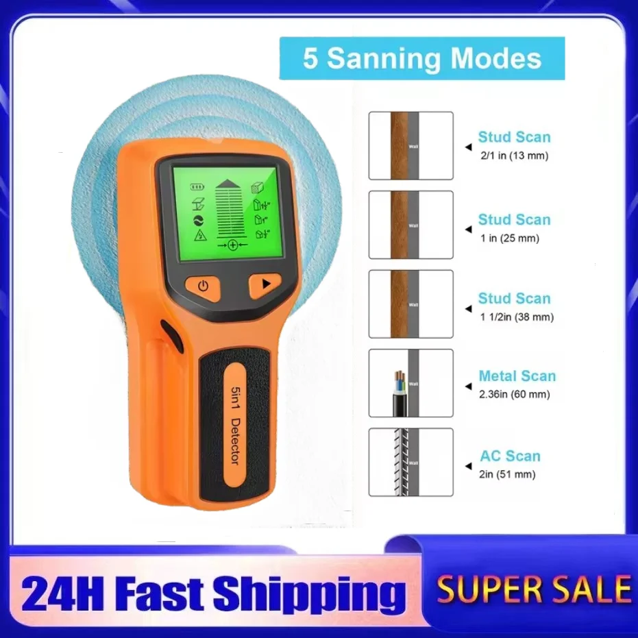 HW430 5in1 Wall Stud Detector LCD Display Multifunctional Handheld for Wood AC Wire Cable Metal Detector Electric Wall Finder