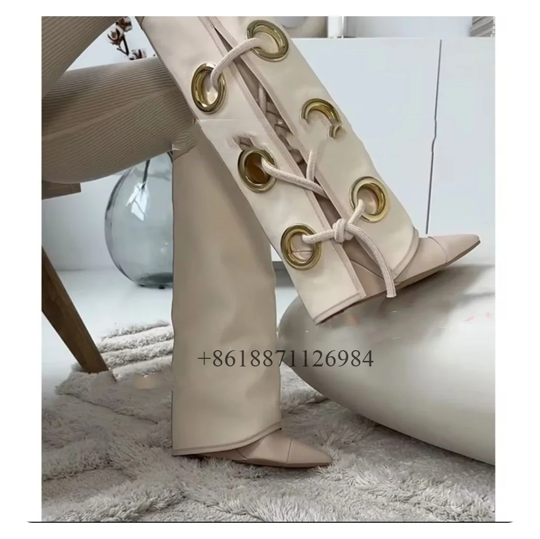 Peep Toe Knee-High Metal Decoration Women Sandals Boots Wedges High Heels Lace Up Design Large Size Customized Shoes