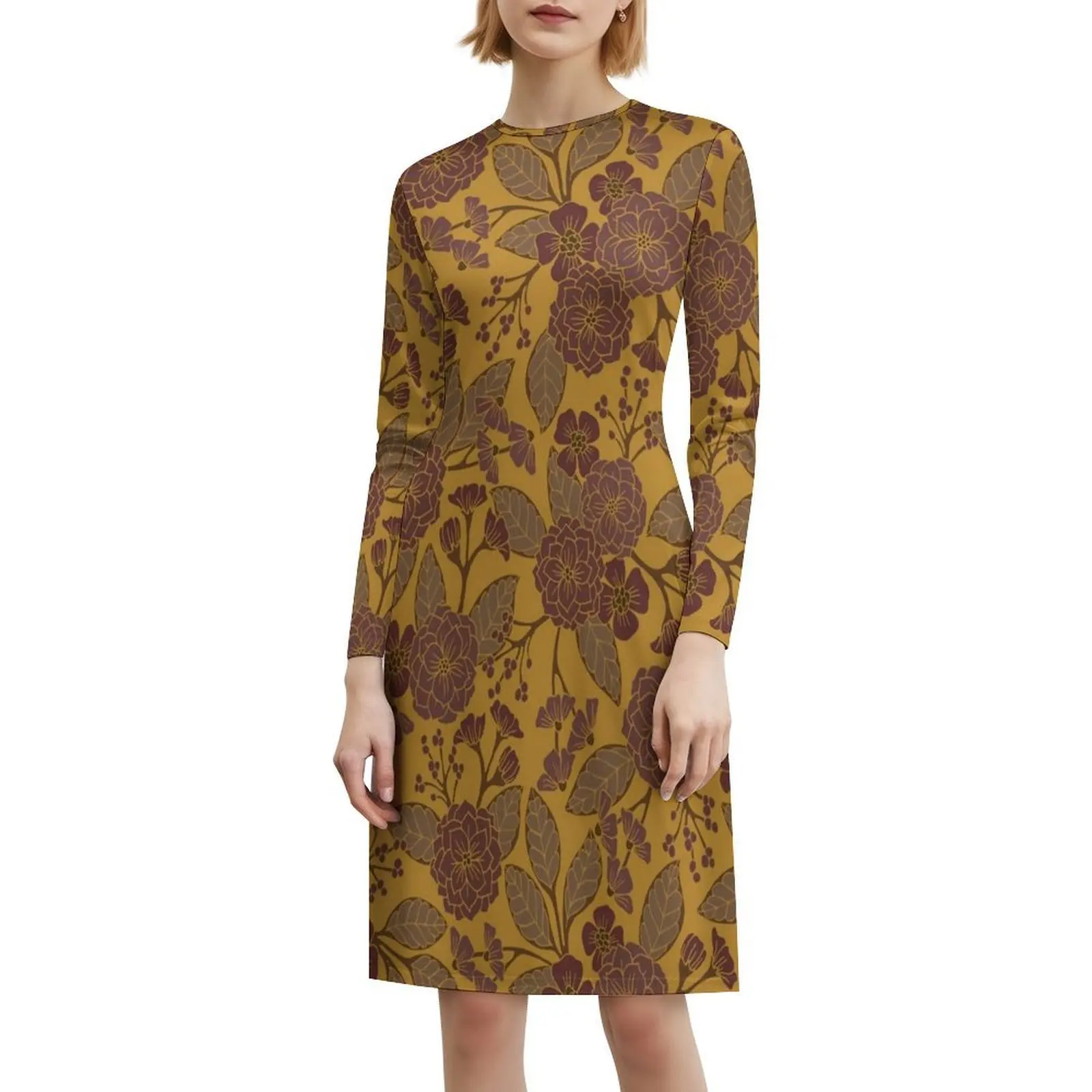 الخردل الأصفر والبنفسجي نمط الأزهار البوهيمي بلا أكمام فستان متعدد الطباعة شاطئ عطلة فستان الحفلات أصفر الخردل البني