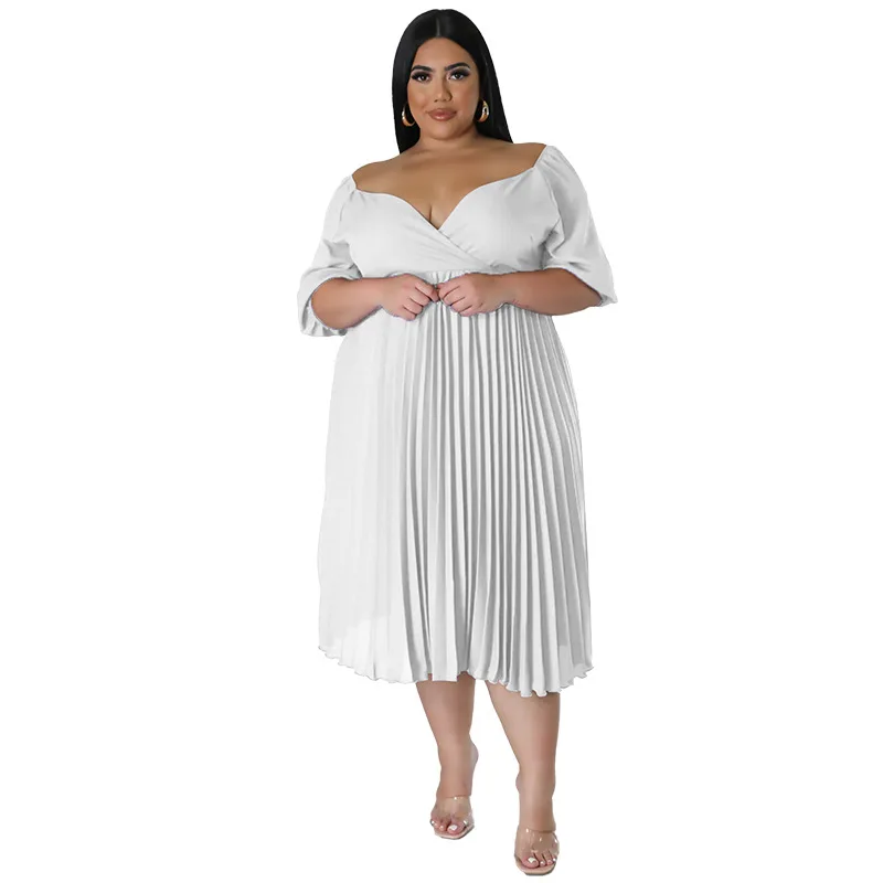 Plus Size damskie plisy sukienka na imprezę seksowne dekolt w szpic krótkie rękawy wysoki stan solidne eleganckie damskie sukienki lato 4XL