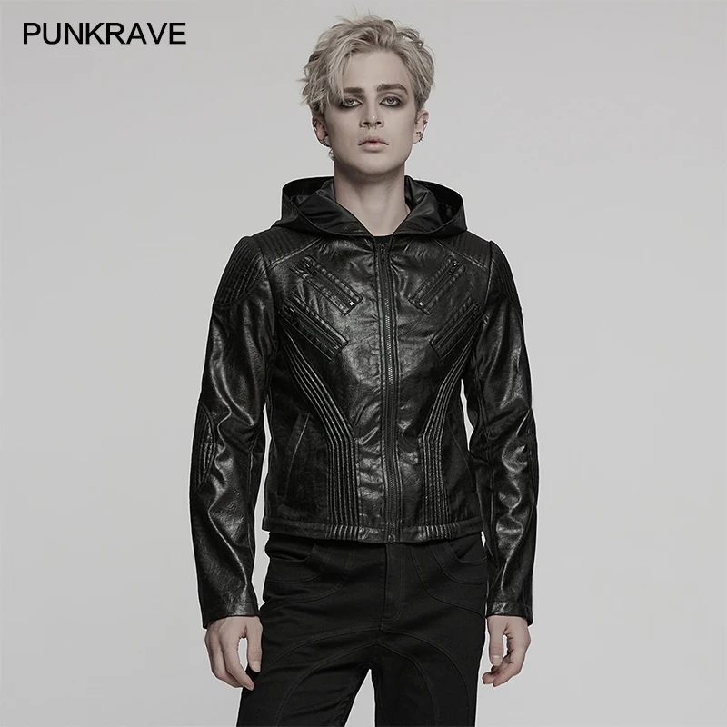 PUNK RAVE Men's Detachable Punk Twill Faux Leather Long Jacket Hooded Style Male Strength Handsome Personalized Coat Autumn