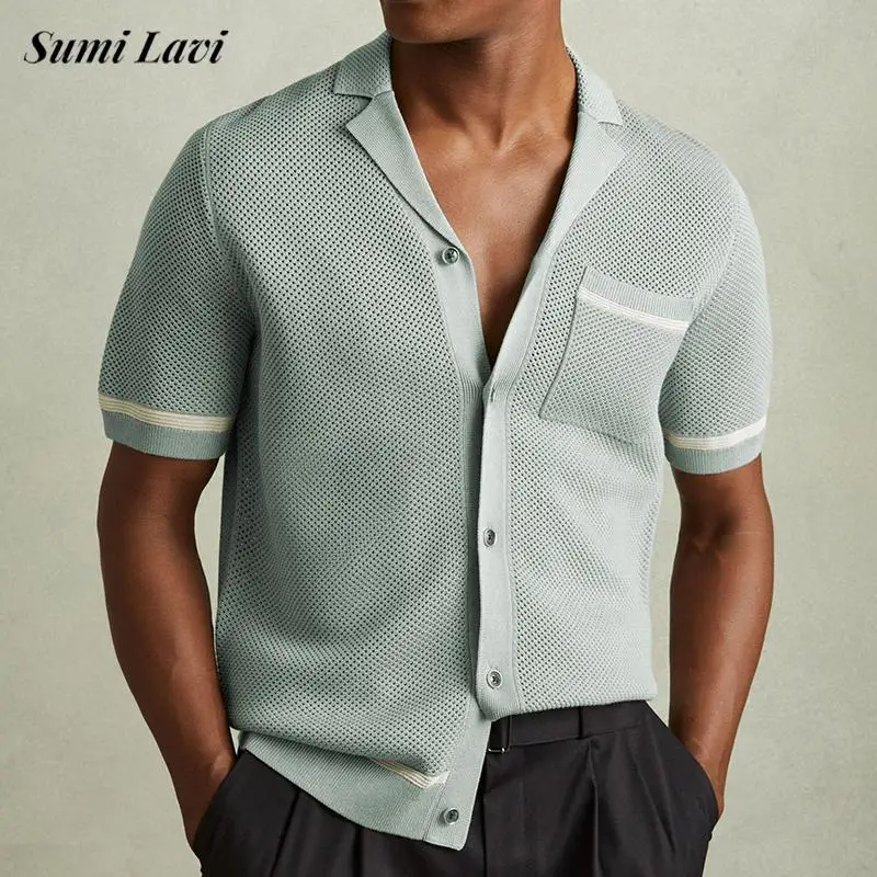 

Sexy Knitted Hollow Out Mens Shirts Fashion Striped Lapel Button Short Sleeve Knit Shirt 2025 Summer Men Casual Breathable Tops