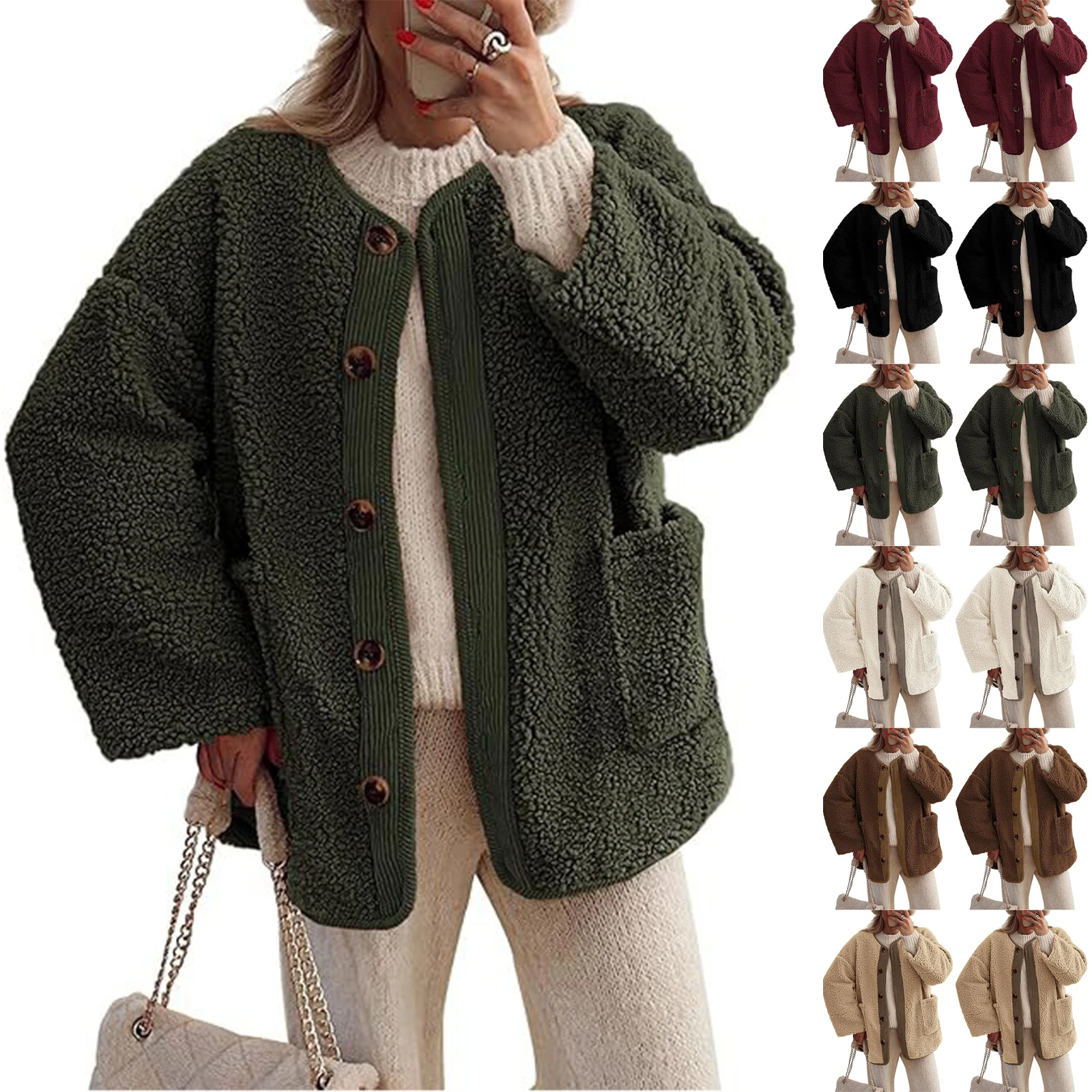 

Winter Women's Lamb Wool Coat Solid Color Collarless Plush Coat Casual Long Sleeved With Button Fashion Streetwear