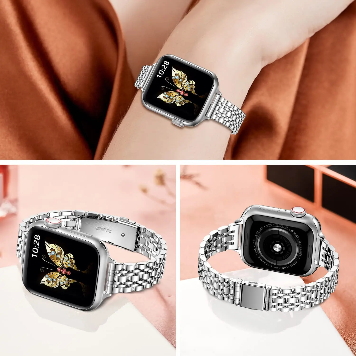Tali Jam Tangan Wanita Tali Baja Tahan Karat Ramping untuk Jam Tangan Apple Ultra 49Mm IWatch Seri 44Mm 40Mm 38Mm 42Mm 41Mm 45Mm Gelang