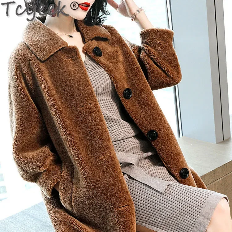 Tcyeek 100% jaqueta de lã moda ovelha shearling casaco senhoras jaquetas de inverno para mulheres casaco quente de lã de comprimento médio casaco feminino