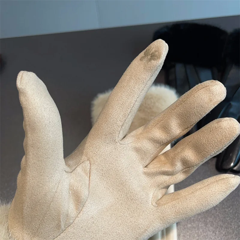 Xiaoxiangfeng PU Leather Gloves for Women, Suede Splicing, Winter Plush Thickening, Fashionable and Warm Riding Gloves
