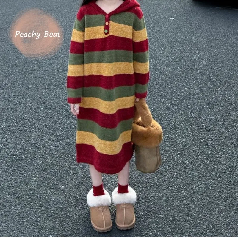 

Модное полосатое платье-свитер для маленьких девочек, пуловер с капюшоном для малышей, зимняя рождественская одежда для малышей, От 18 месяцев до 14 лет