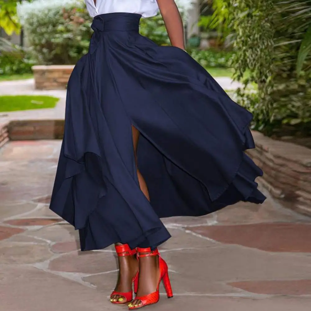 Women Skirt High Waist A Line Skirts High Split Back Zipper Ankle Length Belt High Split Summer Long Skirts Vintage Beach faldas