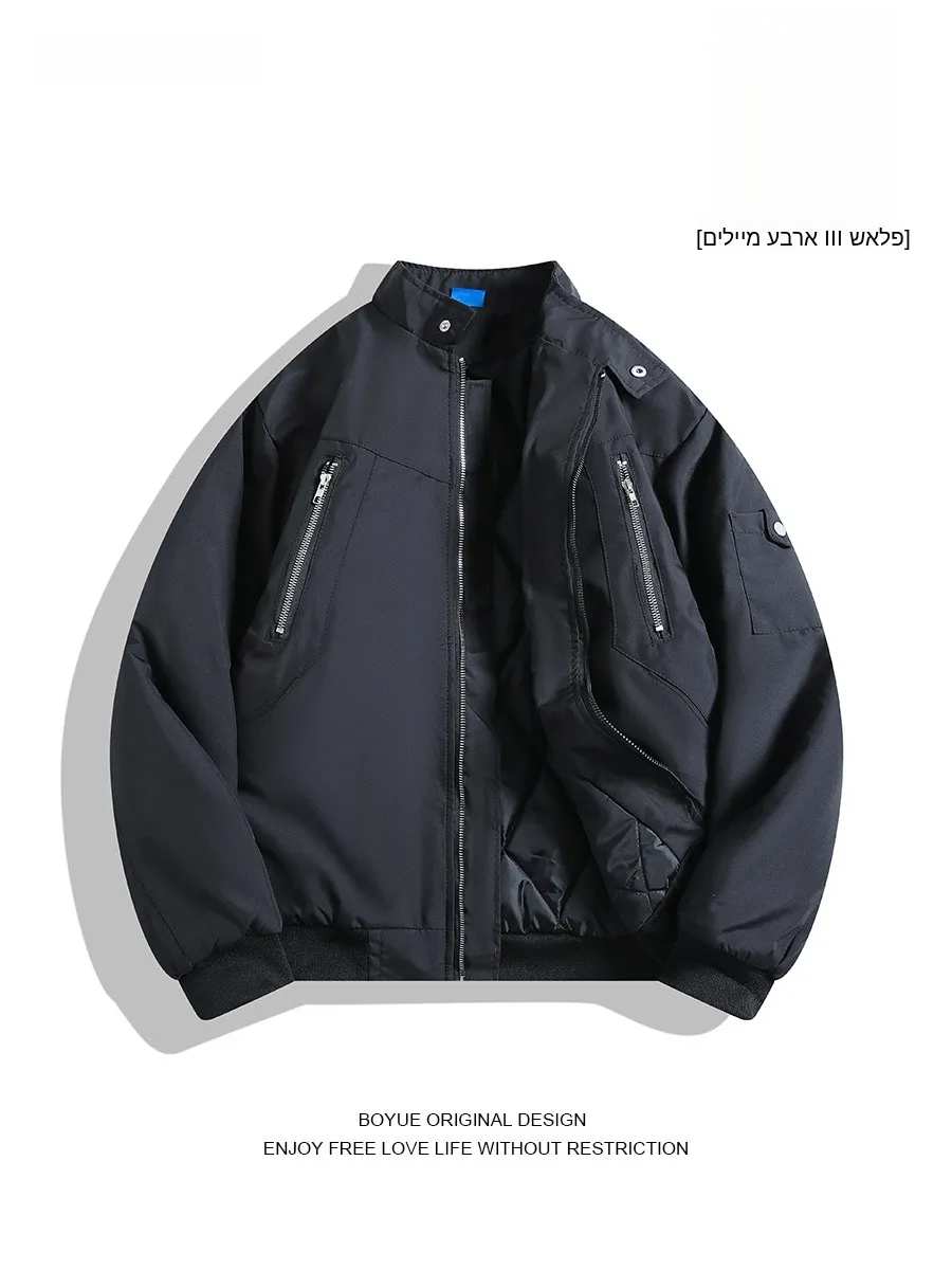 

Boyue Winter Workwear Flight Jacket Thickened Cotton Coat High Street Zipper Design Unisex Stand Collar Long Sleeve Casual Wear