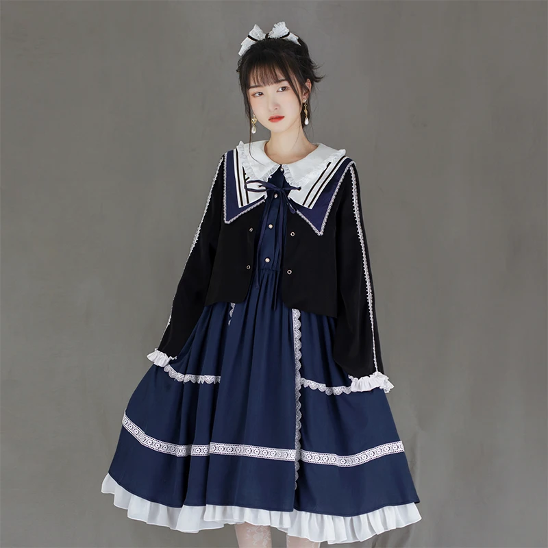 Robe lolita style collégien anglais, en dentelle, rétro, nœud papillon, victorienne, élégante, kawaii, gothique, jolie