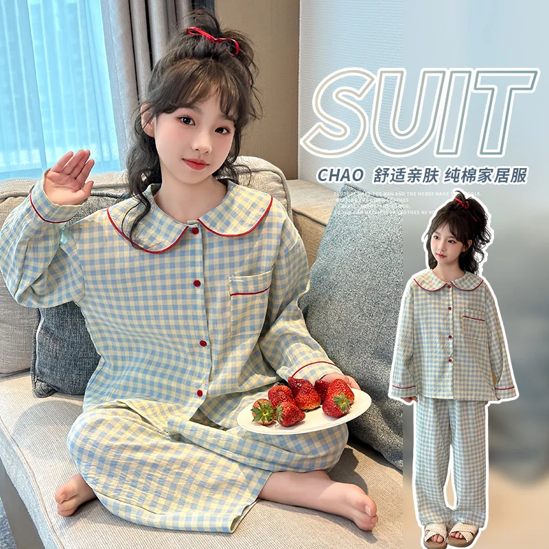 

Baby Girls PJ Top+Bottom Sleepwear Sets Kids Plaid Pajamas Suit Child Long Sleeves+Long Pants Set Princess Nightgowns Size 4-14Y