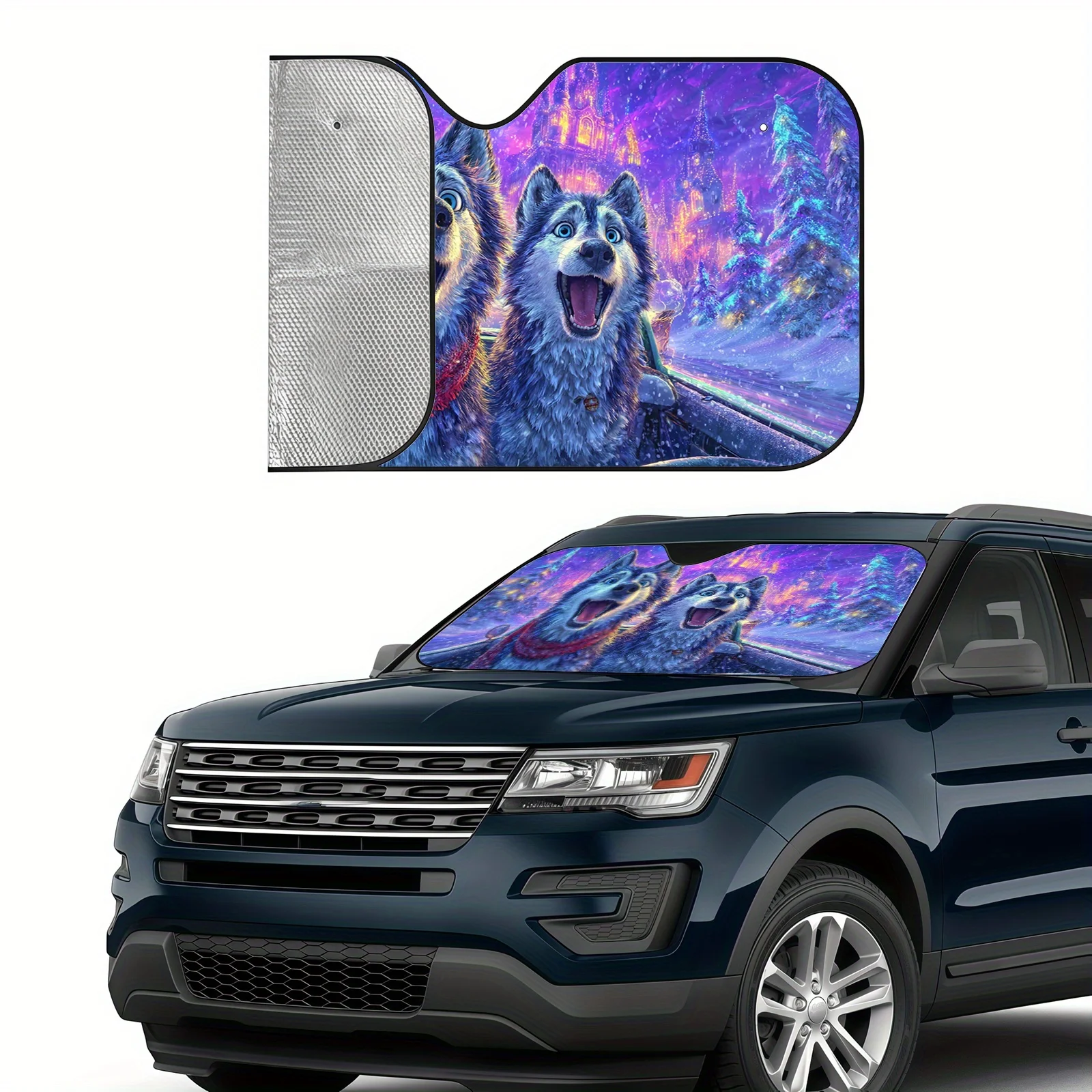 Cute Husky Car Sunshade, Adorable Dog Group With Dreamy Snow Scene Design, Easy To Install And Scratch-Resistant, Includes 4 Suc
