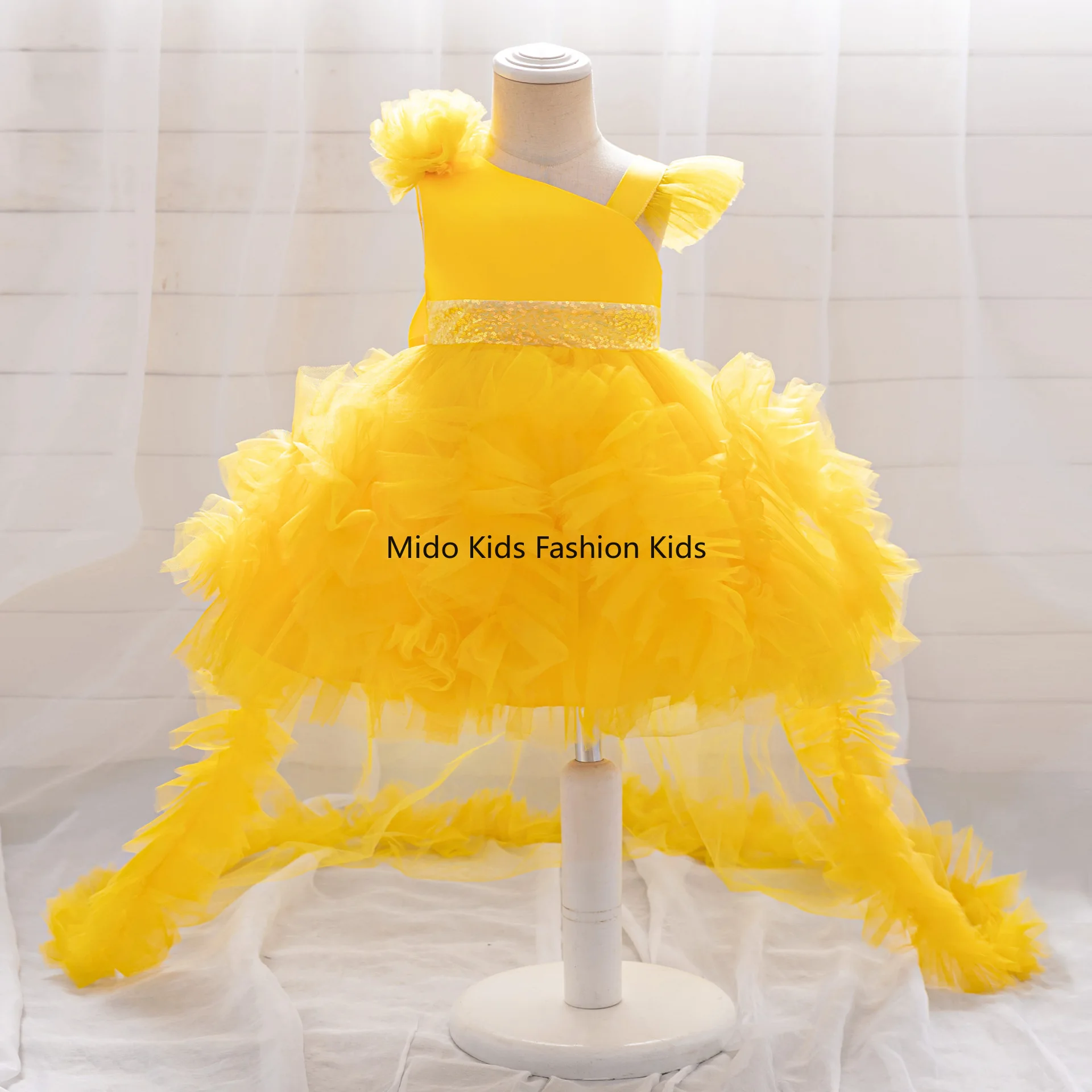 New European American Style Detachable Sequined Tulle Train Skirt for Girls Puffy Princess Ball Gown for Runway Performances