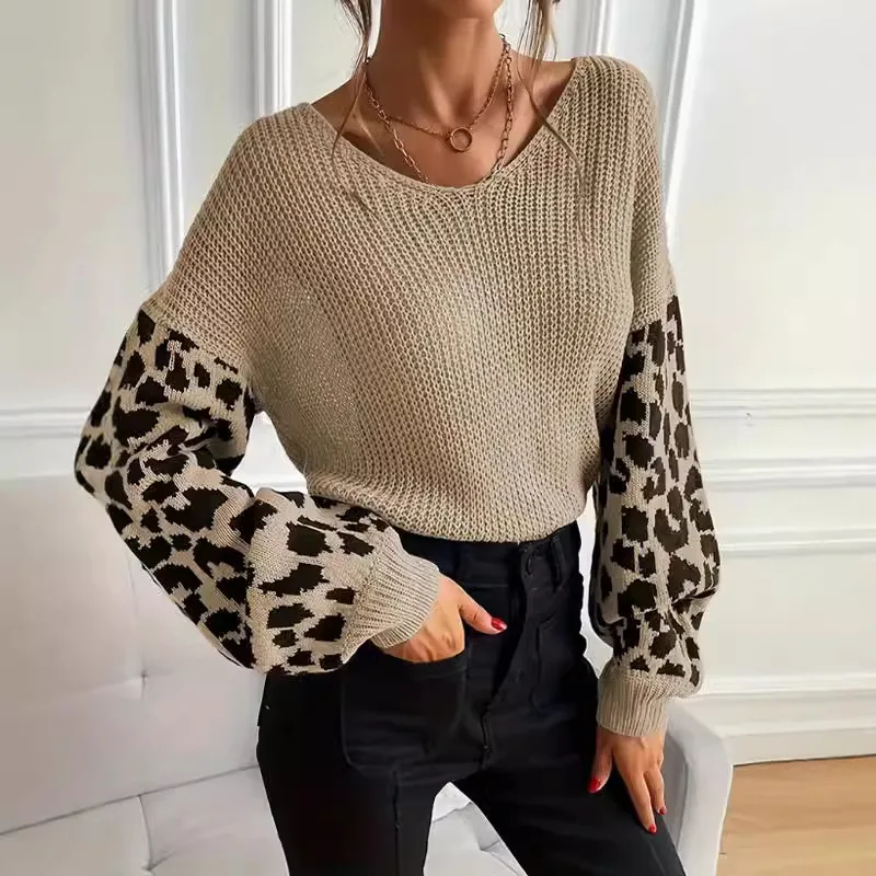 Autumn and Winter New Women's V-neck Sweater Loose Lazy Leopard Pattern Splicing Knitted Sweater Loose Casual Knitted Top