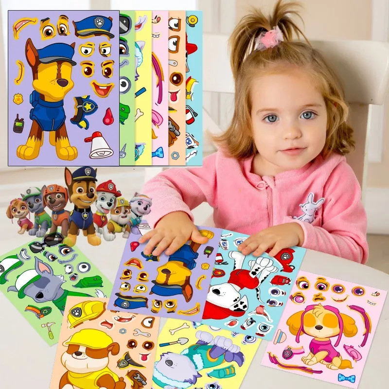 NEW 6 Sheets PAW Patrol Rubble Zuma Puzzle Stickers Toy Funny Cartoon Make-a-Face Decal Assemble Jigsaw Children Christmas Gift