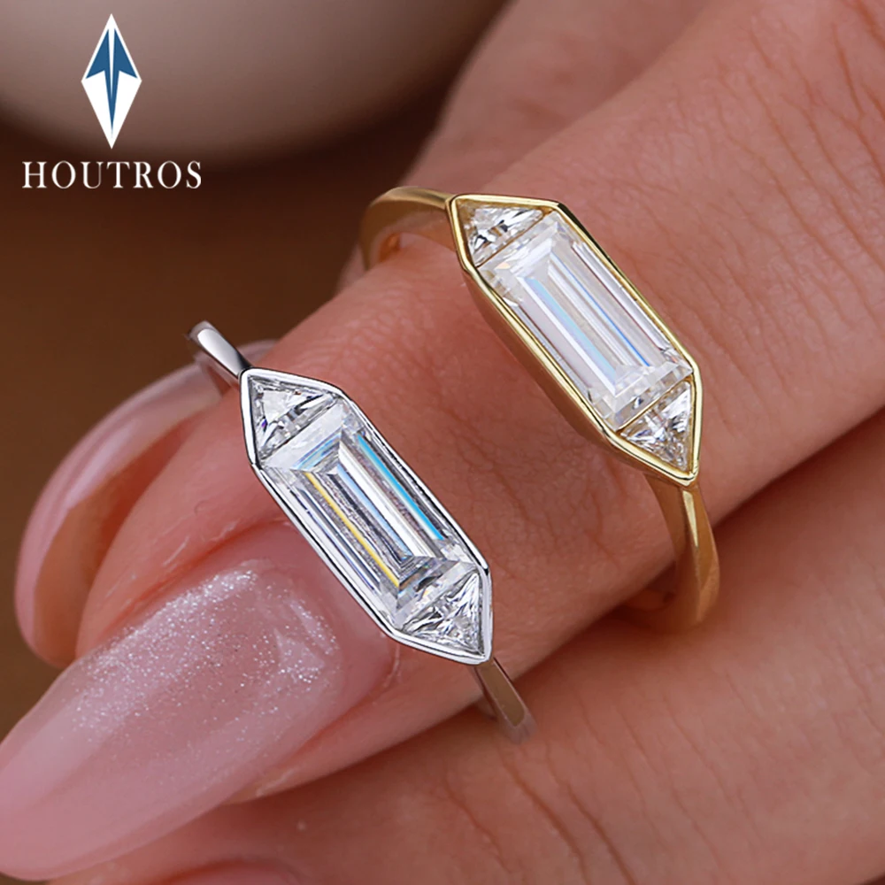 

1.4cttw East West Straight Baguette Cut Moissanite Rings for Women Bezel Set 3 Gems Wedding Bands 925 Sterling Silver Jewelry