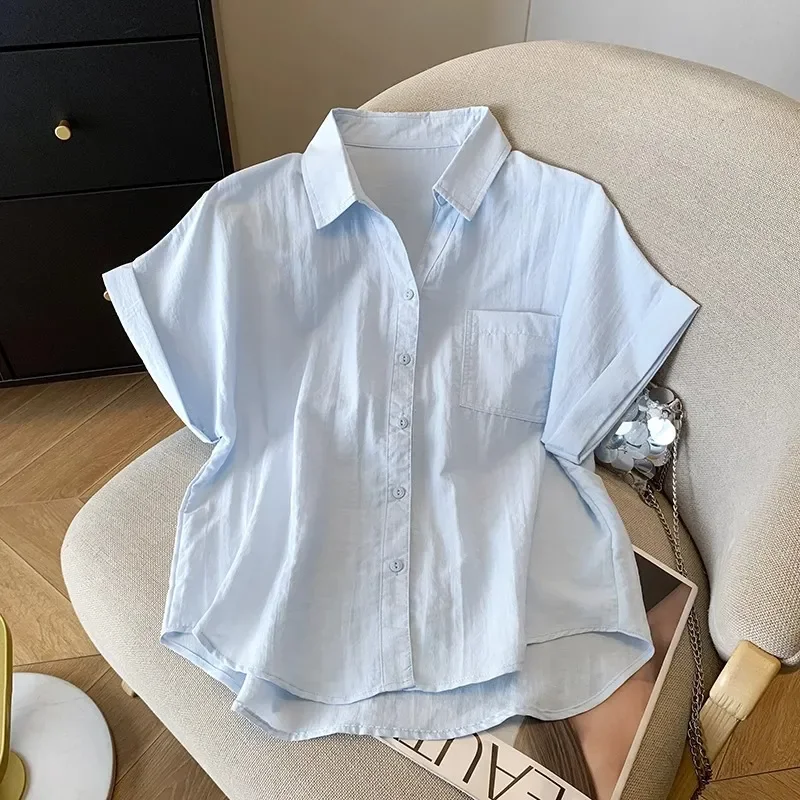

Women's Collar Short Sleeved Shirt White Cotton Linen Blouse Women Summer Loose Fit V-Neck Pocket Shirt with Roll-Up Sleeves