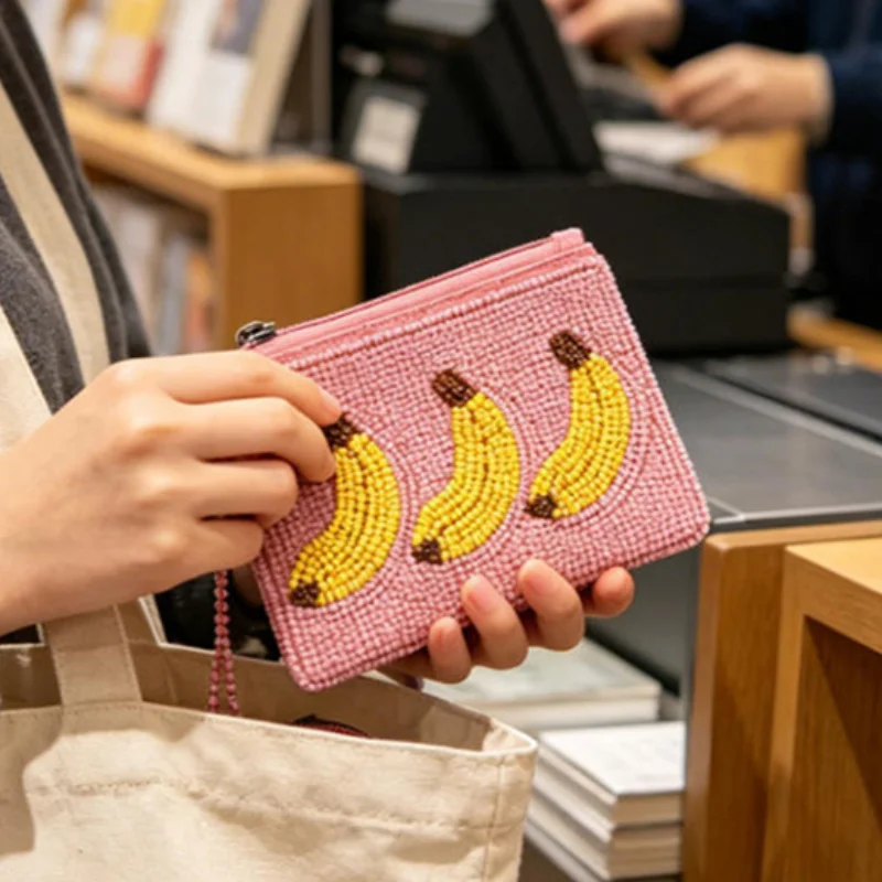 Böhmischer Stil Perlenverzierte Mini-Geldbörse für Damen Sommer Tägliche Kleine Quadratische Reißverschluss-Brieftasche Modisches Exquisites Bananen-Palmen-Muster