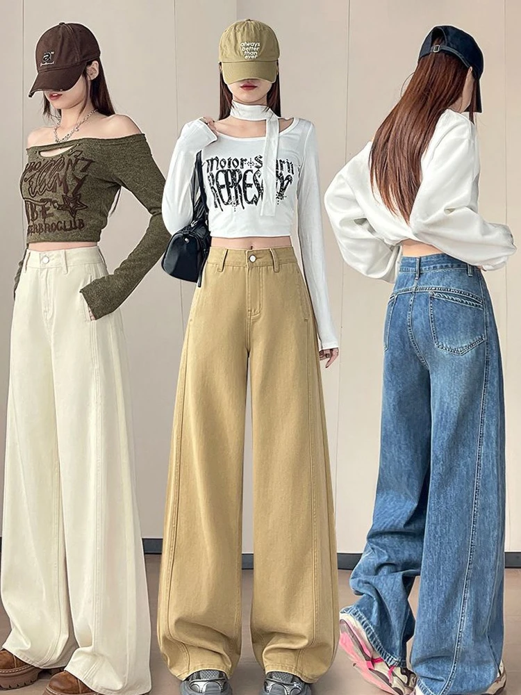 

Retro trendy curved knife wide leg denim pants women spring and autumn new high waisted loose workwear straight leg pants