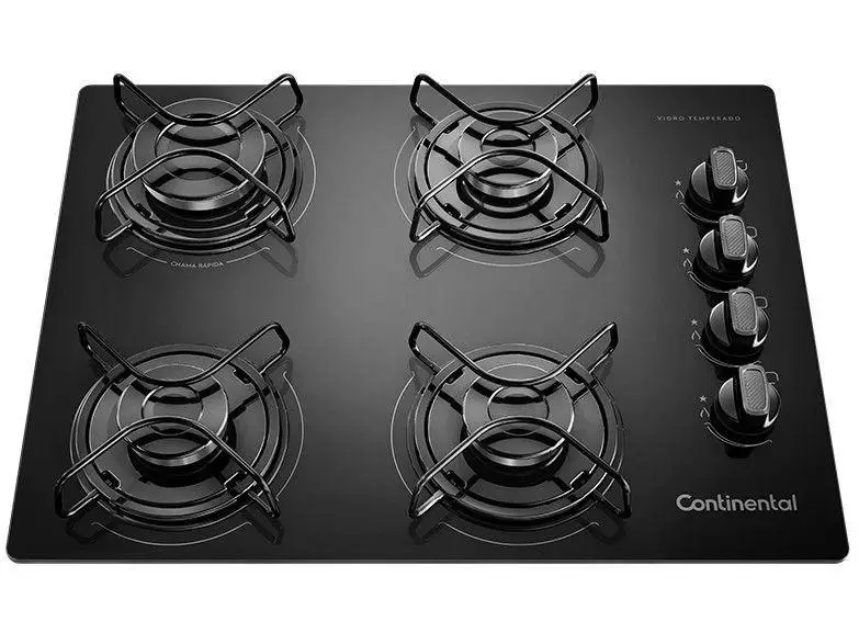 Cooktop 4 Bocas Continental a Gás GLP Preto - Bivolt