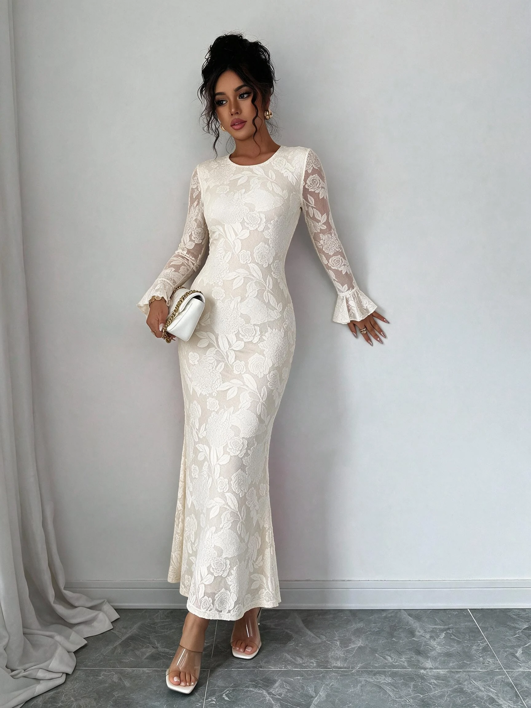 Damen Mesh Langarm Blumenmuster Maxikleid mit ausgestellten Ärmeln, figurbetontes Meerjungfrauenkleid, elegantes Abendkleid für Party und Clubwear. – Detail 6