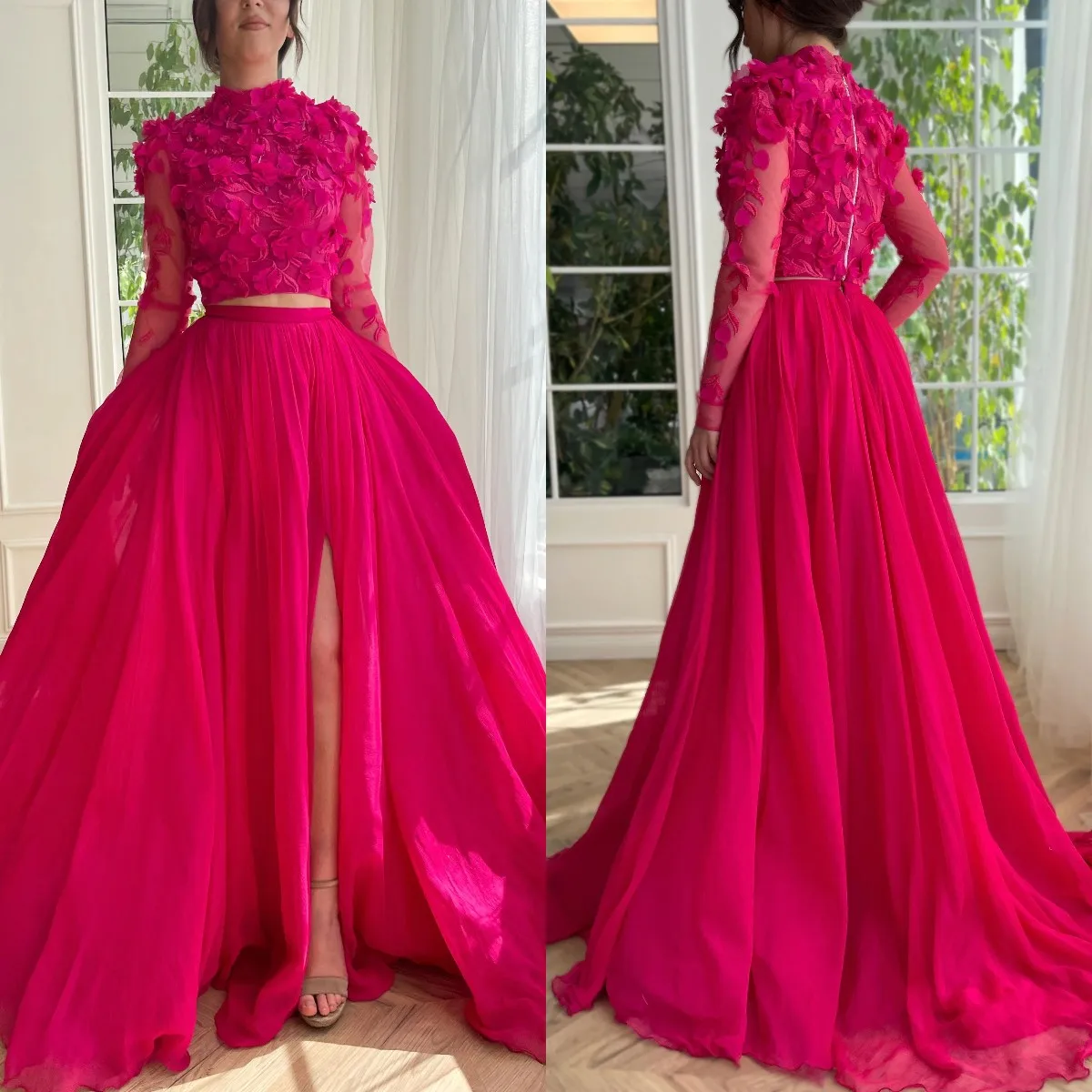 Fuchsia 2 Pcs Prom Dresses with Slit Lace 3D Floral Appliques Maxi Gown Women Long Sleeves Evening Party vestido de novia