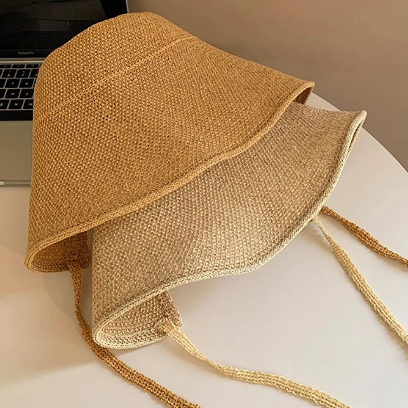 リネンストローレジンシーボンネットサンハット、リボン付きワイドブリムビーチキャップ、女性用レースアップアウトドアサマーアクセサリー