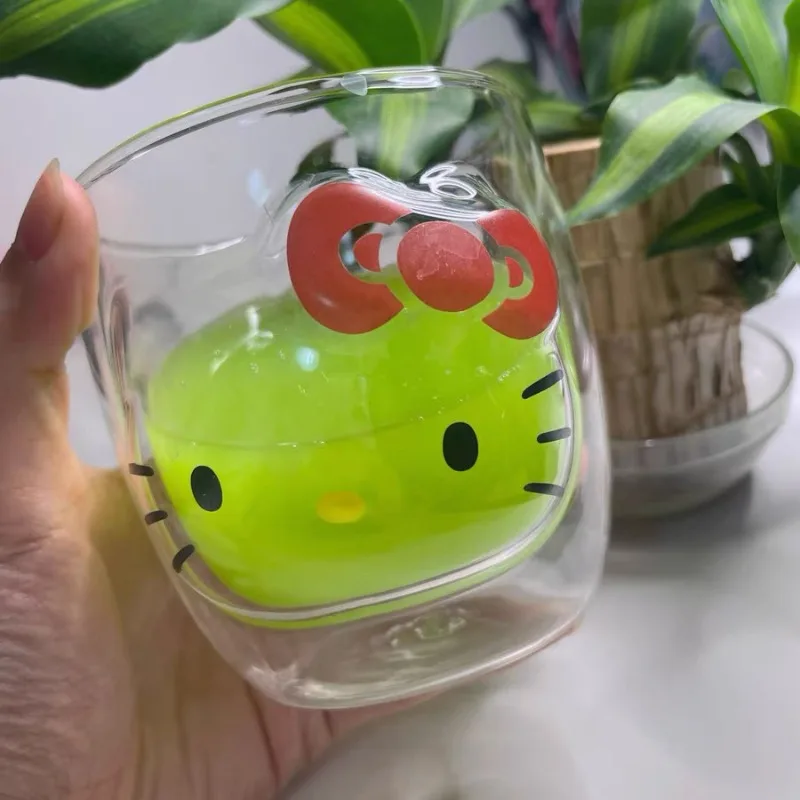 Hello Kitty Double Layer ถ้วยแก้วฉนวนนมแฟชั่นสาวการ์ตูนหัวใจถ้วยแก้ว Kawaii ผู้หญิงอุปกรณ์เสริมขายส่ง