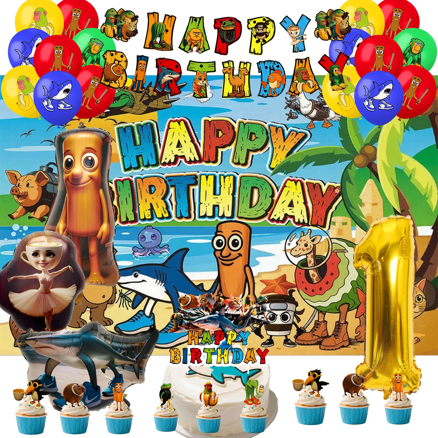 

Italian Brainrot Theme Birthday Party Decorations Tung Tung Sahur Set Balloons Banner Backdrop for Baby Shower Supplies