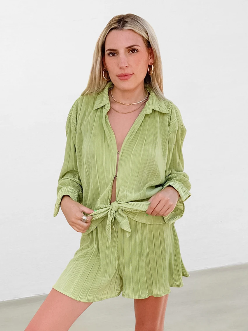 

Marthaqiqi Casual Female Pajamas 2 Piece Suit Long Sleeve Nightwear Turn-Down Collar Sleepwear Shorts Loose Women Nightgowns Set