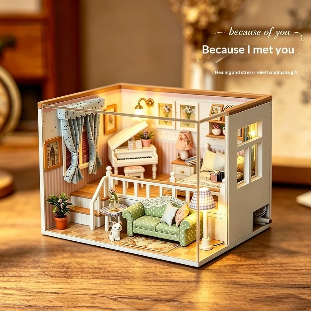 Handmade 3D Wooden Puzzle DIY Dollhouse – Miniature House Micro Landscape, Wooden Assembly Model Building Kit, Creative Gift
