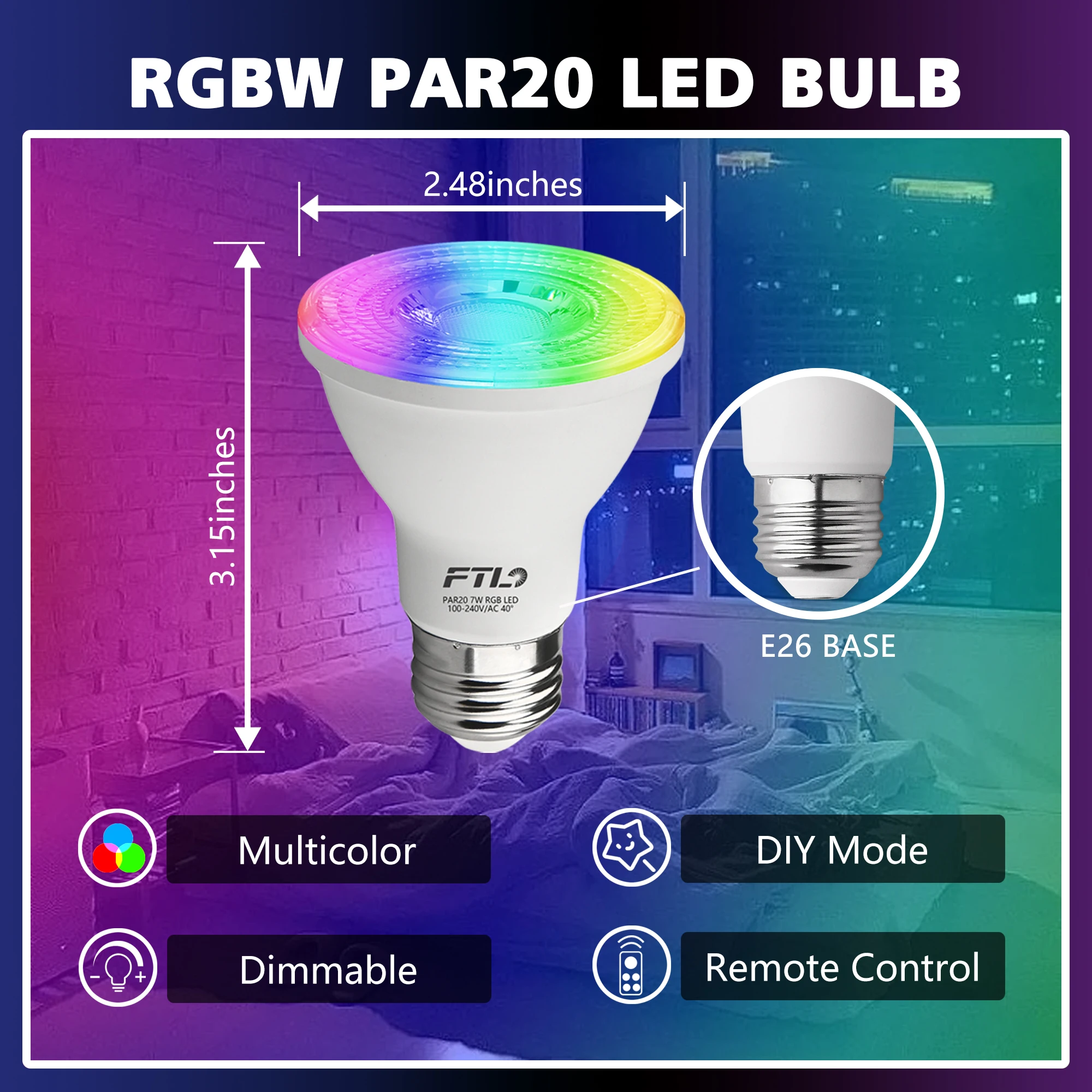 PAR20 LED Bulbs RGB Color Changing Light Bulbs with Remote Control 2700K-6000K 7W Dimmable 30 Colors Timer Flood Light 6-Pack