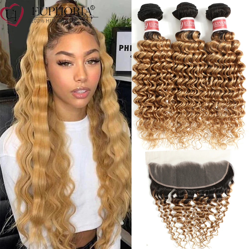 

Ombre Blonde Brazilian Remy Human Hair Deep Wave 3 Bundles With Lace Closure Frontal T1b/27 Bundles With 13x4 Frontal EUPHORIA