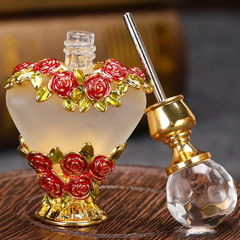 1pc Vintage Glass Perfume Bottle 5ml Flower Decor Rose Floral Painted Heart Shape Container Diamond Cap Crystal Refillable Gift