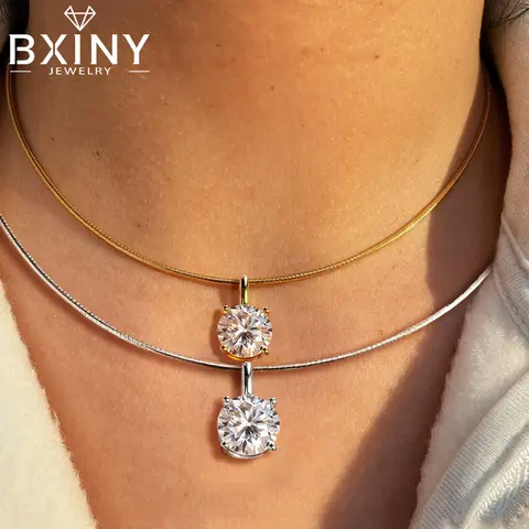 BXINY 2/3/4carat Round Cut Moissanite Pendant Collar Choker Necklace Pure S925 Silver Solitaire Diamond Neck Chain Gifts Jewelry