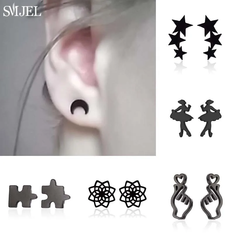 Pendientes SMJEL de acero inoxidable negro, pequeños pendientes geométricos con forma de estrella, luna, ballet, mandala, joyería para las orejas a la moda para mujer