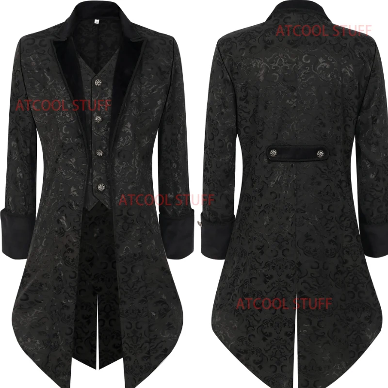 Men's Gothic Jacquard Tailcoat Medieval Party Cos Fake Two Piece Victorian Era Frock Coat Steampunk Renaissance Uniform Black