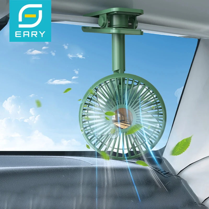 

Eary Car Head Shaking Fan With 2000mAh Battery & USB Rechargeable Fan 3 Speed W/ RGB Ambient Light 360° Rotate Air Cooling Fans