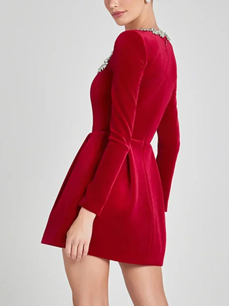 Elegant Red Velvet Women's Dress Slim Diamond Setting Square Collar Long Sleeve Mini Dresses Female Winter New Year Lady Robe